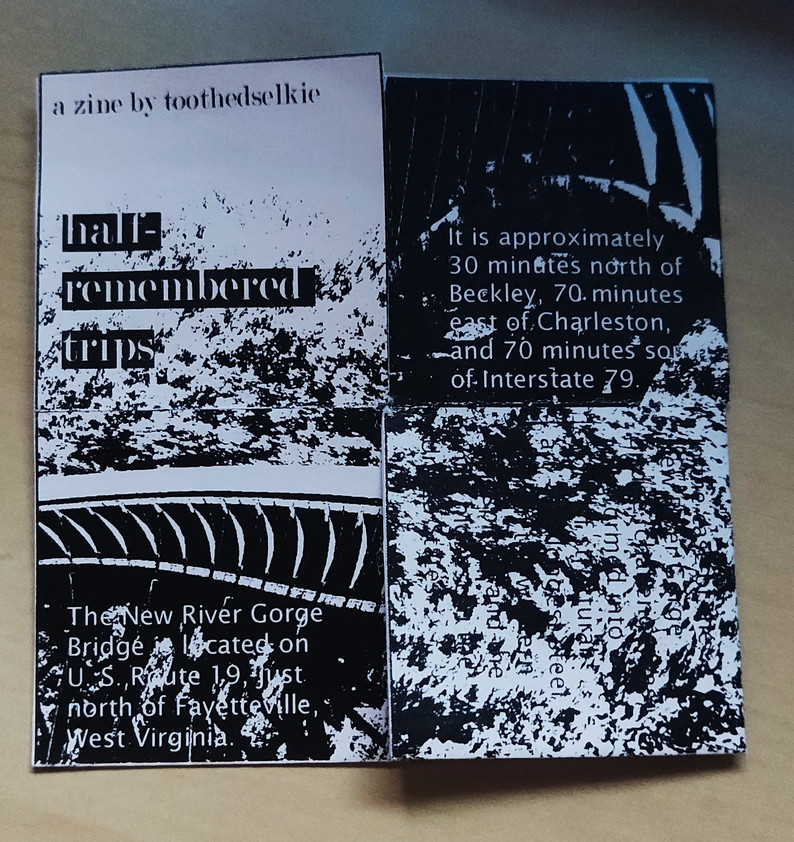 Photo of the black and white cover of half-remembered trips. the cover features the New River Gorge Bridge in West Virginia.