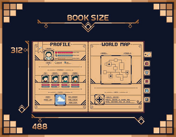 Pixel art game UI showing a character profile, stats, friends, and a world map with icons and text labels.