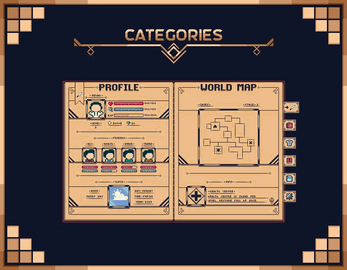 Pixel art game UI showing a character profile, stats, friends, and a world map with navigation icons.