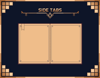 Art deco style UI with 'Side Tabs' header and two blank beige panels, one with a bookmark tab, on a dark background.
