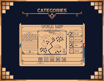 Pixel art game interface showing a world map with locations, categories, and navigation buttons.