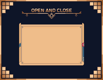 Pixel art game UI with a decorative frame, large empty text box, and 'Open and Close' at the top center.