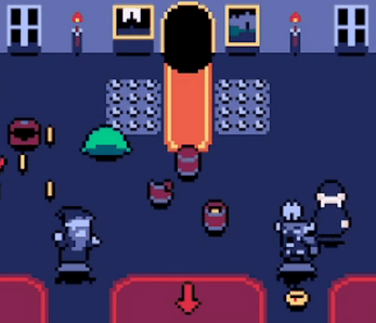 Pixel art game scene with characters, coins, a green slime, and a throne in a dark room with paintings.