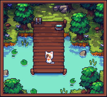 Pixel art cat character sits on a wooden dock over a pond with lily pads, surrounded by trees and plants.