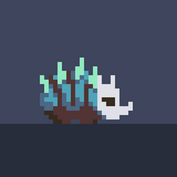 Pixel art animation of a creature with a white skull-like face and blue-green spikes on its back moving forward.