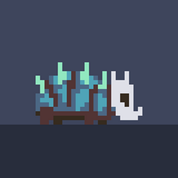 Pixel art animation of a blue creature with green spikes and a white mask sniffing the ground