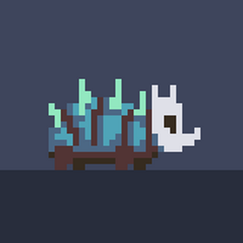 Pixel art animation of a blue creature with green spikes and a white mask-like face walking left