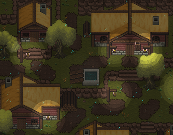 Pixel art village scene with wooden houses, trees, stone paths, and rain falling at night.