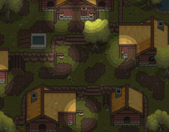 Pixel art village scene with wooden houses, dirt paths, trees, and glowing lanterns at night.