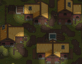 Pixel art village scene with several wooden houses, lit windows, dirt paths, and rain falling at night.