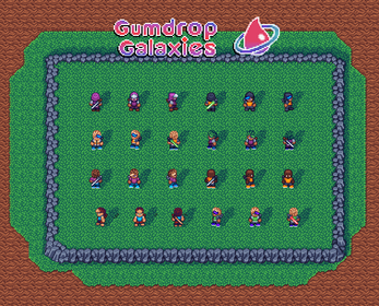 Pixel art game scene with 25 characters on grass, bordered by stone, and 'Gumdrop Galaxies' logo at the top.