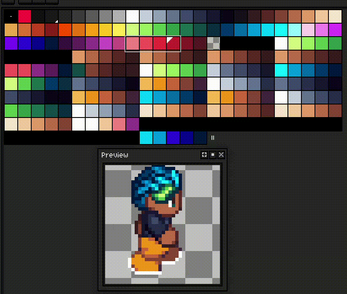 Pixel art editor with a color palette and a preview of a character with blue hair and orange boots walking.