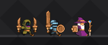 Pixel art of three fantasy characters: a hooded rogue with daggers, an armored knight, and a wizard with a staff and shield