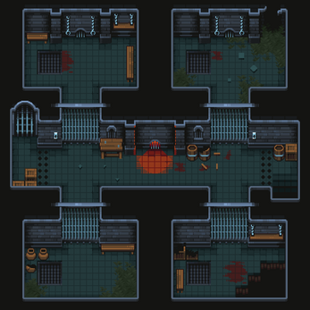 Pixel art dungeon map with prison cells, barred doors, chains, benches, barrels, crates, and blood stains on the floor.