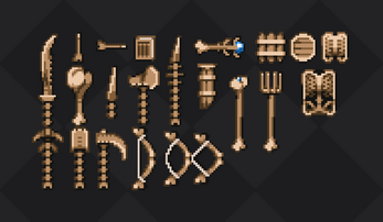 Pixel art sprites of various fantasy weapons and shields, including swords, bows, axes, and maces on a dark background.