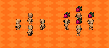 Pixel art sprites of six humanoid characters, some holding large purple turnips, on an orange checkered background.