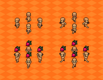 Pixel art sprites of humanoid characters running and carrying large turnips on an orange checkered background