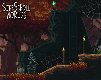 Pixel art forest scene with stone ruins, torches, cobwebs, and the text 'SideScroll WORLDS' in the corner.
