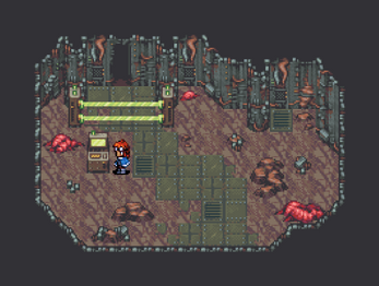 Pixel art game scene with a character at a control panel near a glowing green barrier in a metallic, damaged room.