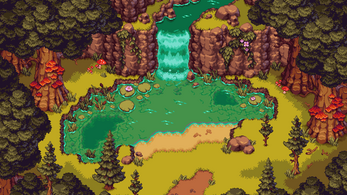 Pixel art forest scene with a pond, waterfall, large trees, mushrooms, rocks, and lily pads.