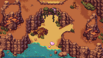 Pixel art scene of a rocky coastal area with sandy paths, shells, a starfish, and blue water at the bottom edge.