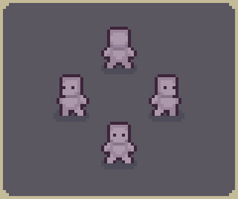 Four pixel art humanoid characters facing different directions on a gray background