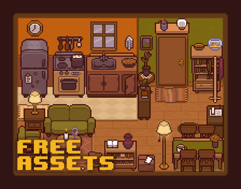 Pixel art top-down view of a cozy house interior with kitchen, living room, and dining area. Text reads: FREE ASSETS.