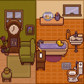 Pixel art split scene of a living room with a clock and a bathroom with a tub, rubber duck, and fishbowl.