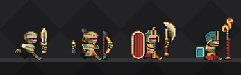 Four pixel art mummy characters with weapons and armor, each in different ancient Egyptian-themed outfits.