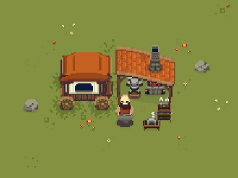 Pixel art blacksmith scene with a bearded character, forge, anvil, and small workshop on grassy ground.