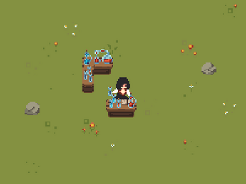 Pixel art character behind tables with blue potions on a grassy field with rocks and flowers.