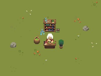 Pixel art of a character with white hair mixing herbs at a table, surrounded by plants and shelves on a grassy field.