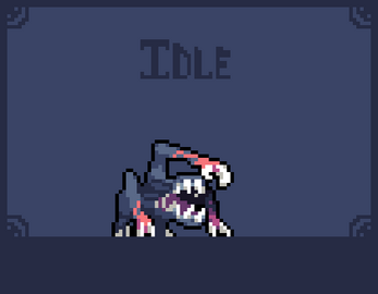 Pixel art animation of a crouched, monster-like creature idling on a dark blue background