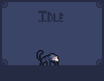 Pixel art animation of a gray rat standing still on a dark blue background with decorative corners.
