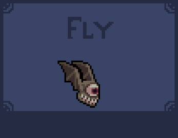 Pixel art of a bat-like creature with large wings and a skull face on a dark background with the word FLY above.