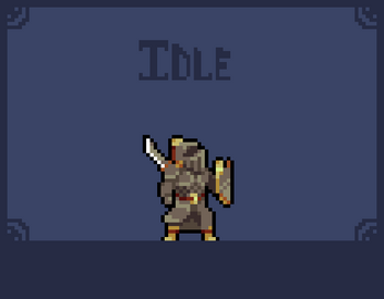 Pixel art knight in armor holding a sword and shield, standing in an idle animation on a dark background.
