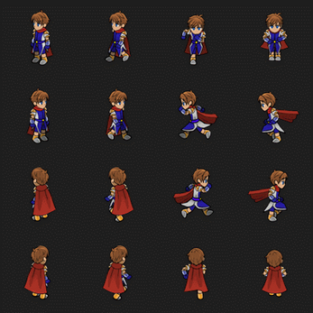 Pixel art sprite sheet of a brown-haired character in blue armor and red cape, shown walking in four directions.