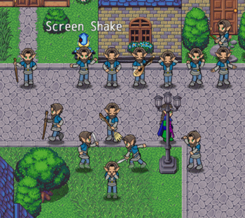 Pixel art game scene with multiple identical NPCs performing various actions in a town square, text reads 'Screen Shake'.