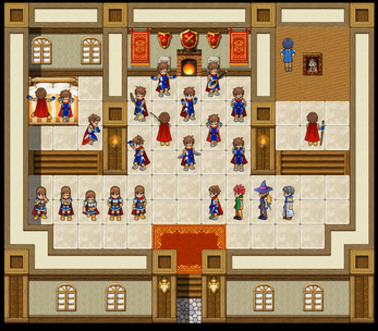 Pixel art sprites of various characters in blue and red outfits inside a medieval-style room with banners and a fireplace.