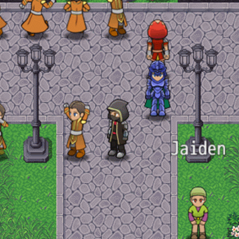 Pixel art game scene with multiple characters in a plaza, including one named Jaiden near street lamps and greenery.