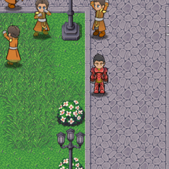 Pixel art scene with a character in red armor on a stone path, people waving, grass, flowers, and street lamps.