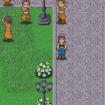 Pixel art scene with four characters on a cobblestone path and grassy area, flowers, and a streetlamp.
