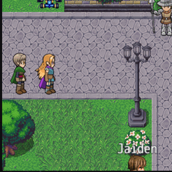 Pixel art RPG scene with two characters walking on a cobblestone path, a lamppost, and the name Jaiden near flowers.