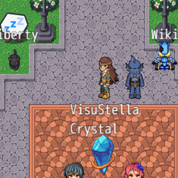 Pixel art scene with two characters standing on a cobblestone path near a blue crystal labeled 'VisuStella Crystal'.
