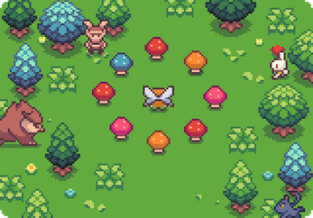 Pixel art game scene with colorful mushrooms in a circle, surrounded by trees, animals, and a winged character in the center.