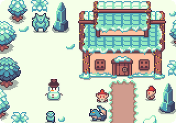 Pixel art scene with a snow-covered house, trees, crystals, a snowman, two characters, and a blue creature.