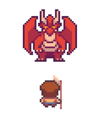 Pixel art of a red dragon facing a character holding a staff, both standing against a black background.