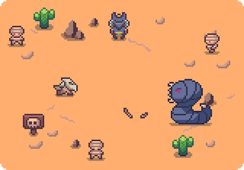 Pixel art desert scene with a large worm, several mummies, a knight, cacti, rocks, and a signpost
