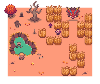 Pixel art game scene with tall grass, a pond with a skull, trees, a creature, and a character in a mask.
