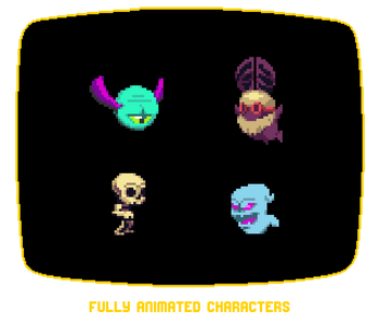 Four pixel art monster characters on a black background, including a skeleton, ghost, and two floating heads.